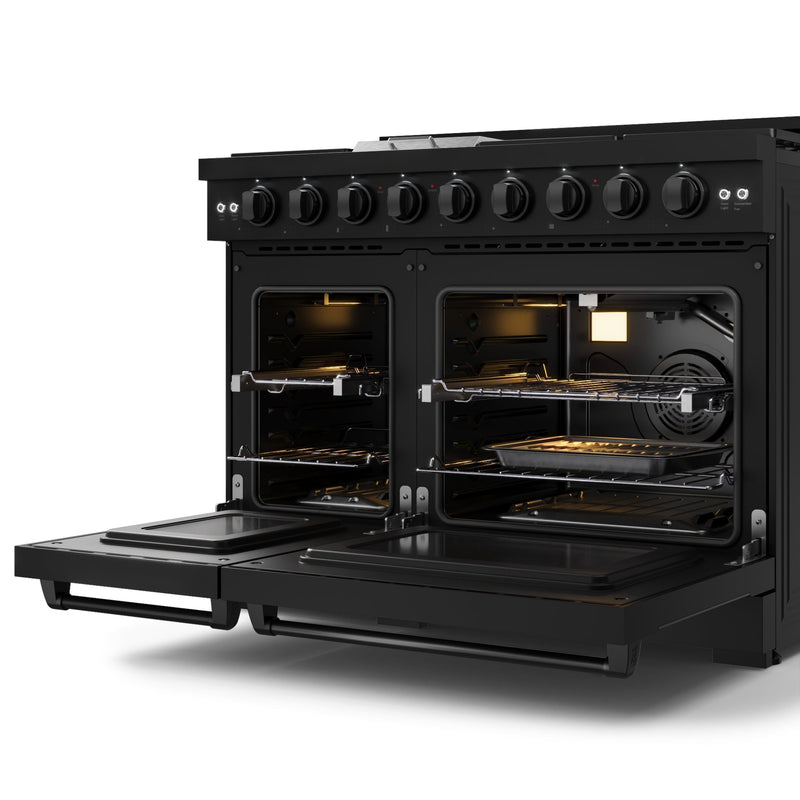 Gordon Ramsay by Thor Kitchen 3-Piece Appliance Package - 48-Inch Gas Range with Liquid Propane Kit with Double Oven, 36-Inch Refrigerator, and Dishwasher in Black