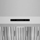 Stainless range hood control panel with buttons and indicator lights