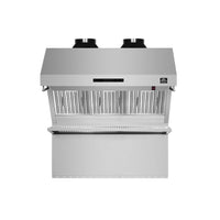 Stainless wall range hood front with open baffle filters
