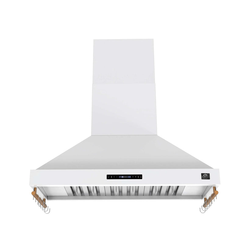 Forno Venezia 48-Inch Wall Mounted Range Hood with Touch Controls and Baffle Filters in White with Antique Brass Handle (FRHWM5503-48WHT)