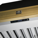 Forno Galiano 4-Piece Appliance Package - 36-Inch Dual Fuel Range, 36-Inch Hood, 36-Inch Refrigerator, & 24-Inch Dishwasher in Black with Antique Brass Trim