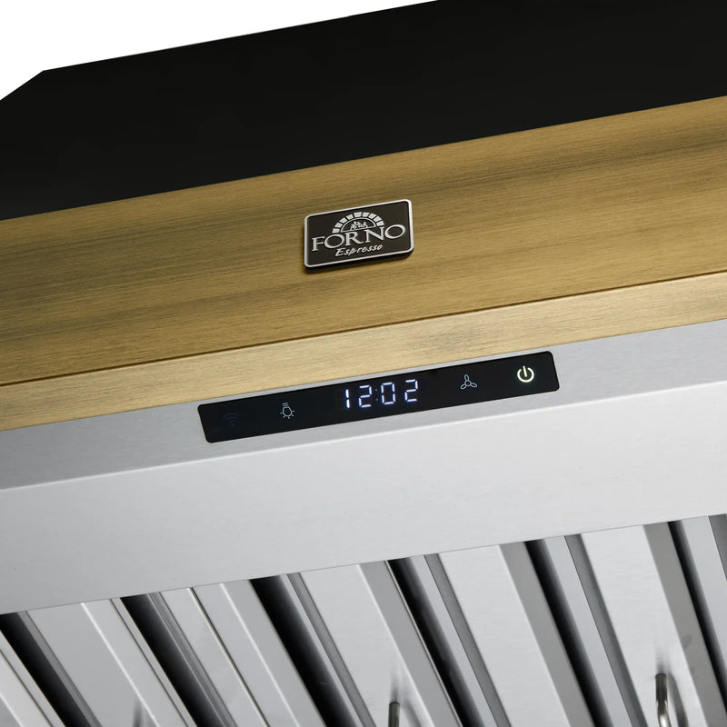 Forno Galiano 5-Piece Appliance Package - 36-Inch Gas Range, 36-Inch Hood, 36-Inch Refrigerator, 24-Inch Dishwasher, & 30-Inch Microwave Drawer in Black with Antique Brass Trim