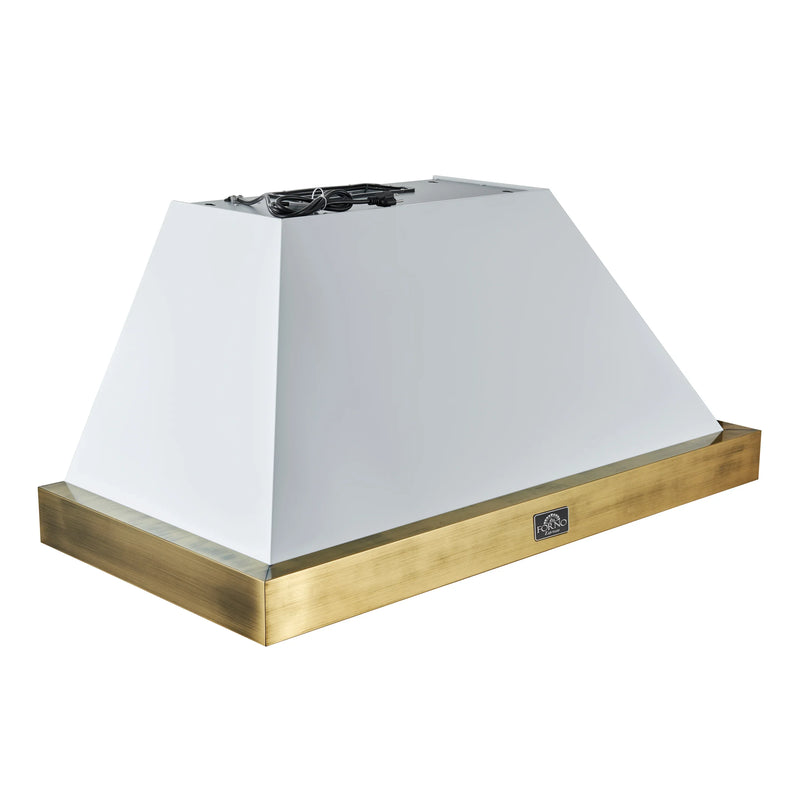 Forno Antico 2-Piece Appliance Package - 48-Inch Dual Fuel Range & 48-Inch Wall Mount Range Hood in White with Antique Brass Trim