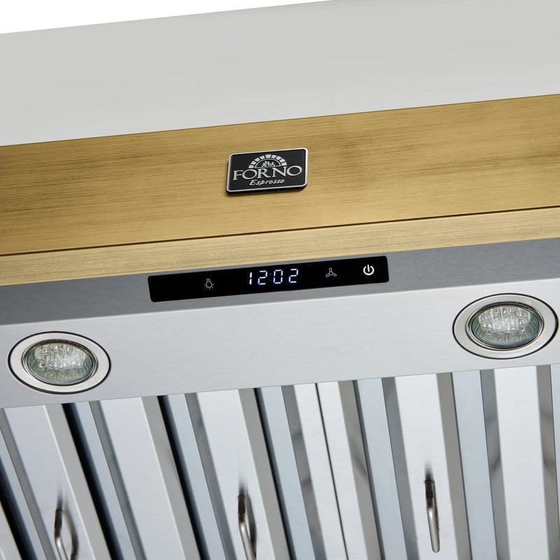 Forno Galiano 5-Piece Appliance Package - 48-Inch Dual Fuel Range, 48-Inch Hood, 36-Inch Refrigerator, 24-Inch Dishwasher, & 30-Inch Microwave Oven in White with Antique Brass Trim