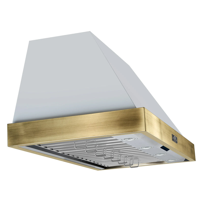 Forno Antico 2-Piece Appliance Package - 48-Inch Dual Fuel Range & 48-Inch Wall Mount Range Hood in White with Antique Brass Trim