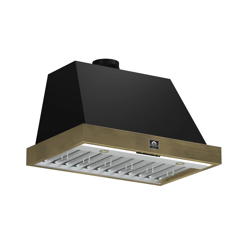 Forno Galiano 5-Piece Appliance Package - 36-Inch Gas Range, 36-Inch Hood, 36-Inch Refrigerator, 24-Inch Dishwasher, & 30-Inch Microwave Drawer in Black with Antique Brass Trim