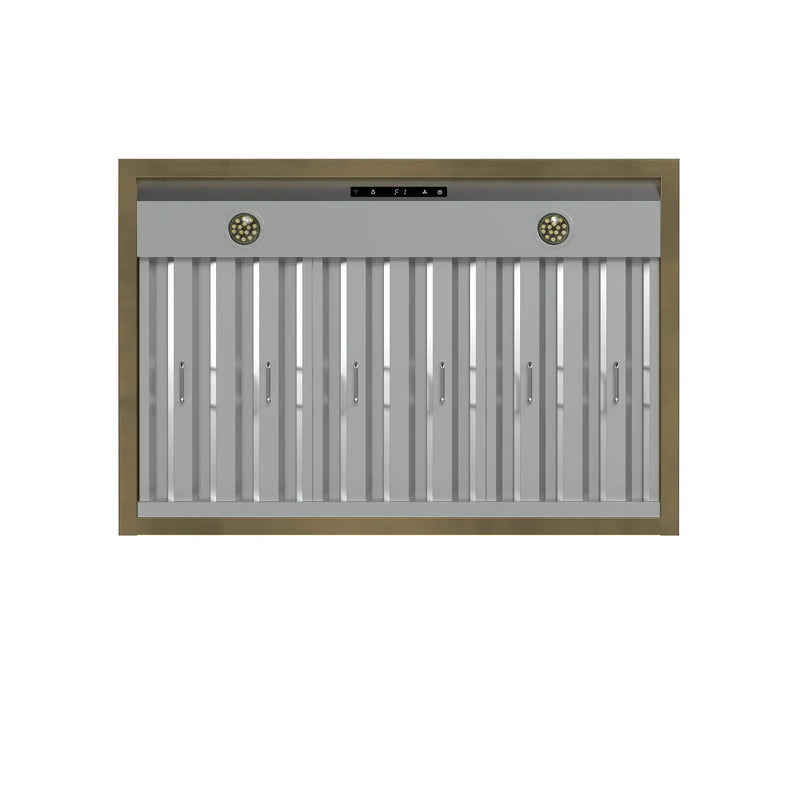 Forno Antico 5-Piece Appliance Package - 36-Inch Dual Fuel Range, 36-Inch Hood, 36-Inch Refrigerator, 24-Inch Dishwasher, & 24-Inch Microwave Drawer in Black with Antique Brass Trim