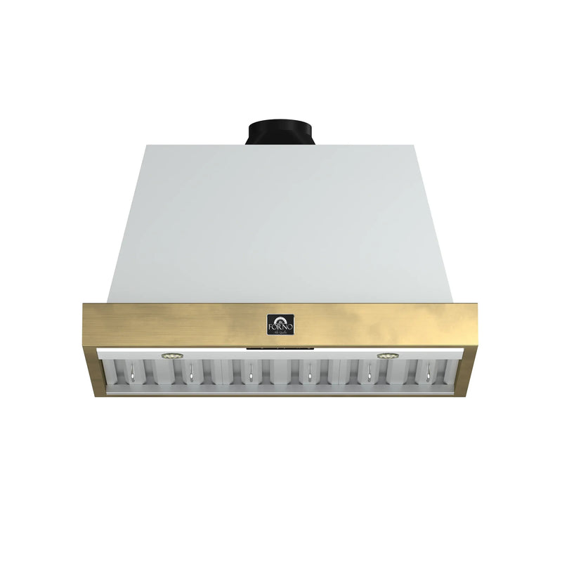 Forno Galiano 2-Piece Appliance Package - 36-Inch Gas Range & 36-Inch Wall Mount Range Hood in White with Antique Brass Trim