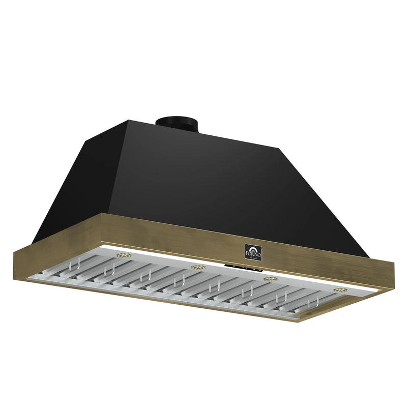 Forno Vittorio 48-Inch 600 CFM Wall Mount Range Hood in Black with Antique Brass Trim (FRHWM5078-48BLK)