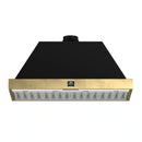 Forno Galiano 5-Piece Appliance Package - 48-Inch Gas Range, 48-Inch Hood, 36-Inch Refrigerator, 24-Inch Dishwasher, & 24-Inch Microwave Drawer in Black with Antique Brass Trim