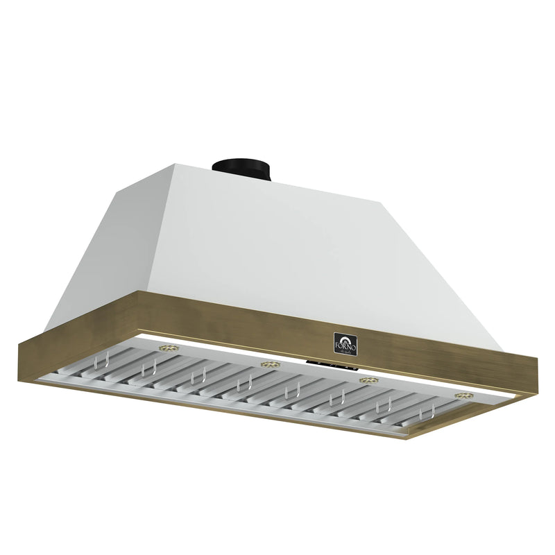 Forno Antico 2-Piece Appliance Package - 48-Inch Dual Fuel Range & 48-Inch Wall Mount Range Hood in White with Antique Brass Trim