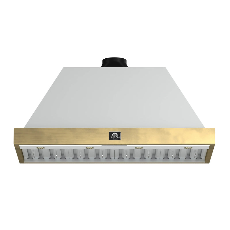 Forno Antico 2-Piece Appliance Package - 48-Inch Dual Fuel Range & 48-Inch Wall Mount Range Hood in White with Antique Brass Trim