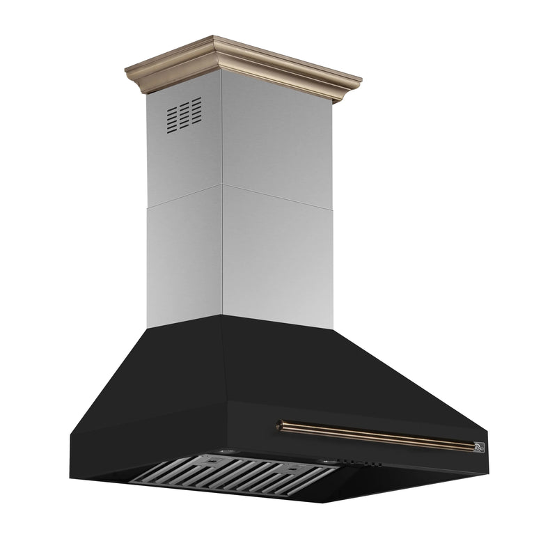 Forno Aria 30-Inch Wall Mount Range Hood in Black with Brass Handle (FRHWM5095-30BLK)