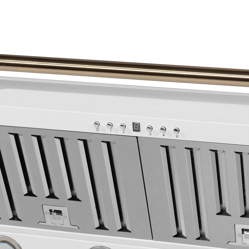 Forno 4-Piece Appliance Package - 36-Inch Gas Range, Wall Mount Range Hood, 60-Inch Built-In Convertible Refrigerator, and Dishwasher in White with Antique Brass Trim