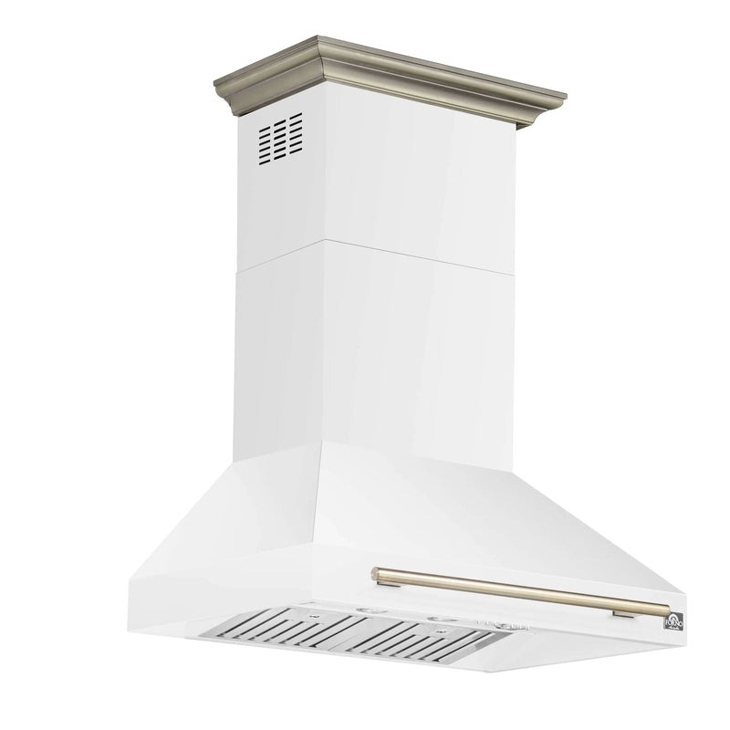 Forno Aria 36-Inch Wall Mount Range Hood in White with Brass Handle (FRHWM5095-36WHT)