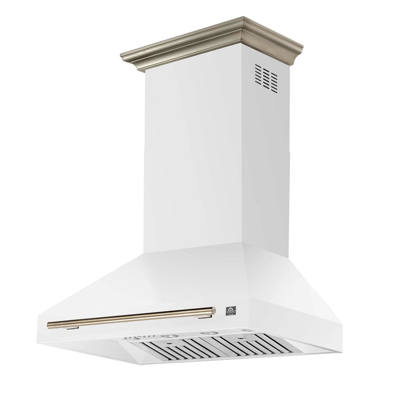 Forno Aria 36-Inch Wall Mount Range Hood in White with Brass Handle (FRHWM5095-36WHT)