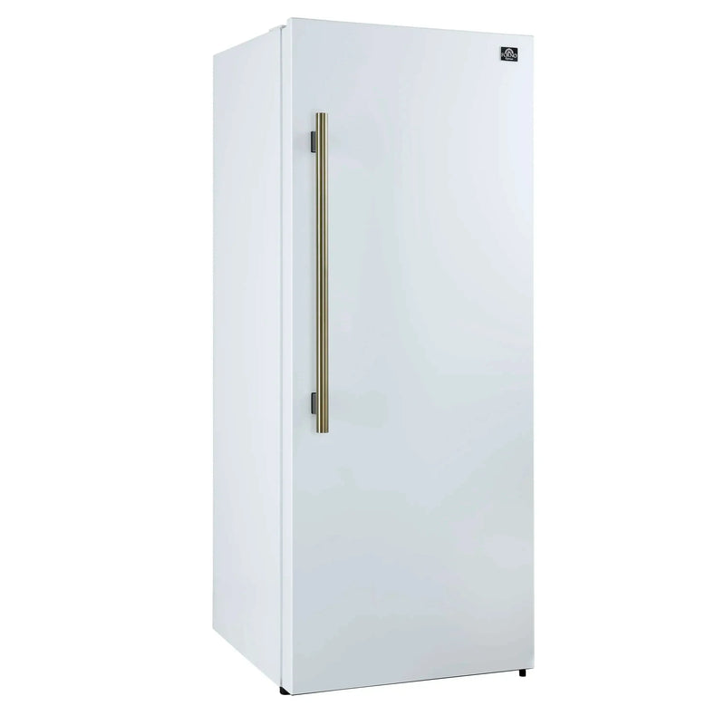 Forno 4-Piece Appliance Package - 36-Inch Antico Dual Fuel Range, 60-Inch Refrigerator, Dishwasher, & 30-Inch Microwave Drawer in White with Antique Brass Handle