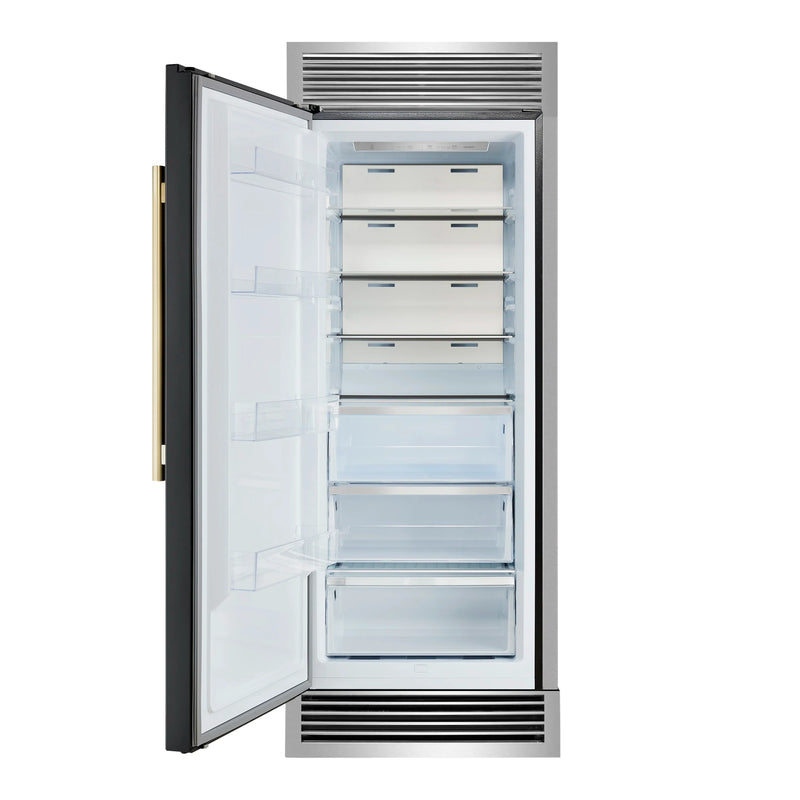 Forno Maderno 28 Inch Built-In Convertible Refrigerator in Black with Decorative Trim Grill, Antique Brass Handles, 13.6 cu.ft., Left Swing (FFFFD1722-32LSG-BLK)