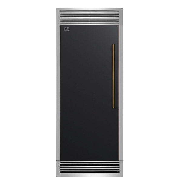 Forno Maderno 28 Inch Built-In Convertible Refrigerator in Black with Decorative Trim Grill, Antique Brass Handles, 13.6 cu.ft., Left Swing (FFFFD1722-32LSG-BLK)