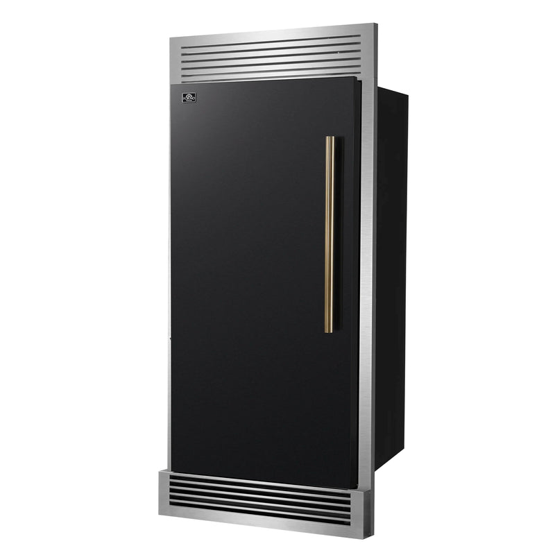 Forno Maderno 28 Inch Built-In Convertible Refrigerator in Black with Decorative Trim Grill, Antique Brass Handles, 13.6 cu.ft., Left Swing (FFFFD1722-32LSG-BLK)