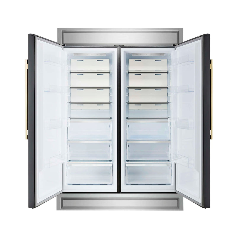 Forno 4-Piece Appliance Package - 36-Inch Gasl Fuel Range, Wall Mount Range Hood, 60-Inch Built-In Convertible Refrigerator, and Dishwasher in Black with Antique Brass Handle