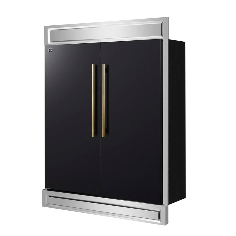 Forno Maderno 60-Inch 27.2 Cu. Ft. Built-In Convertible Refrigerator and Freezer in Black with Modern Trim and Antique Brass Handles (FFFFD1722-60MG-BLK)