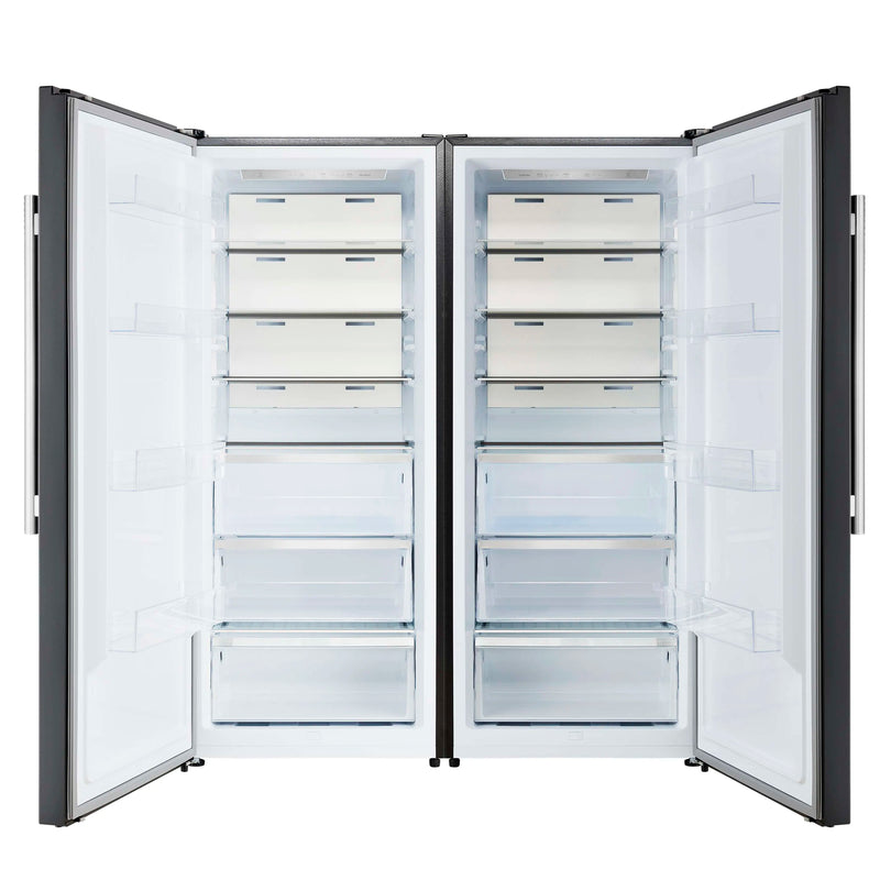 Forno 4-Piece Appliance Package - 36-Inch Gasl Fuel Range, Wall Mount Range Hood, 60-Inch Built-In Convertible Refrigerator, and Dishwasher in Black with Antique Brass Handle