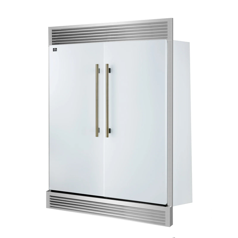 Forno 4-Piece Appliance Package - 48-Inch Antico Dual Fuel Range, 60-Inch Refrigerator, Dishwasher, & 24-Inch Microwave Drawer in White with Antique Brass Handle