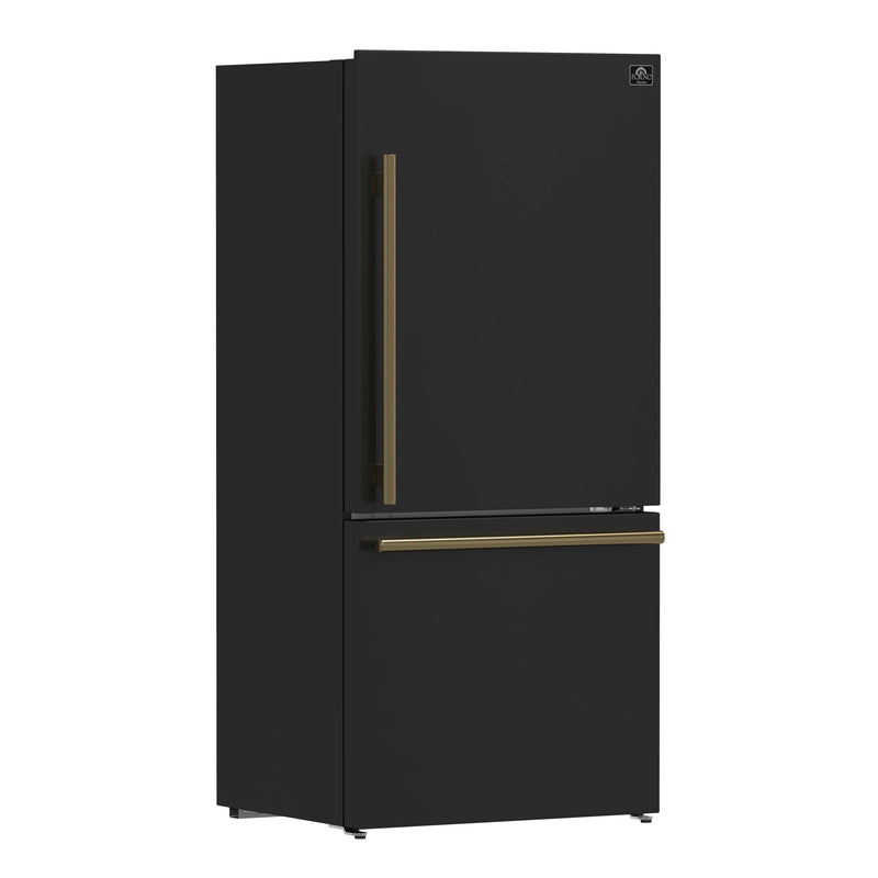 Forno 3-Piece Appliance Package - 30-Inch Espresso Electric Range, Under Cabinet Range Hood, & 31-Inch Refrigerator in Black with Antique Brass Handle