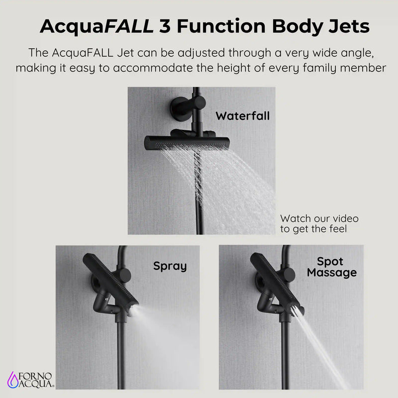 Forno AcquaFALL 8-Inch Overhead Rainfall Shower with 1.8 GPM Flow Rate, Handheld, 7 Way Diverter, Body Jets in Matte Black (SCW2BK-C8)