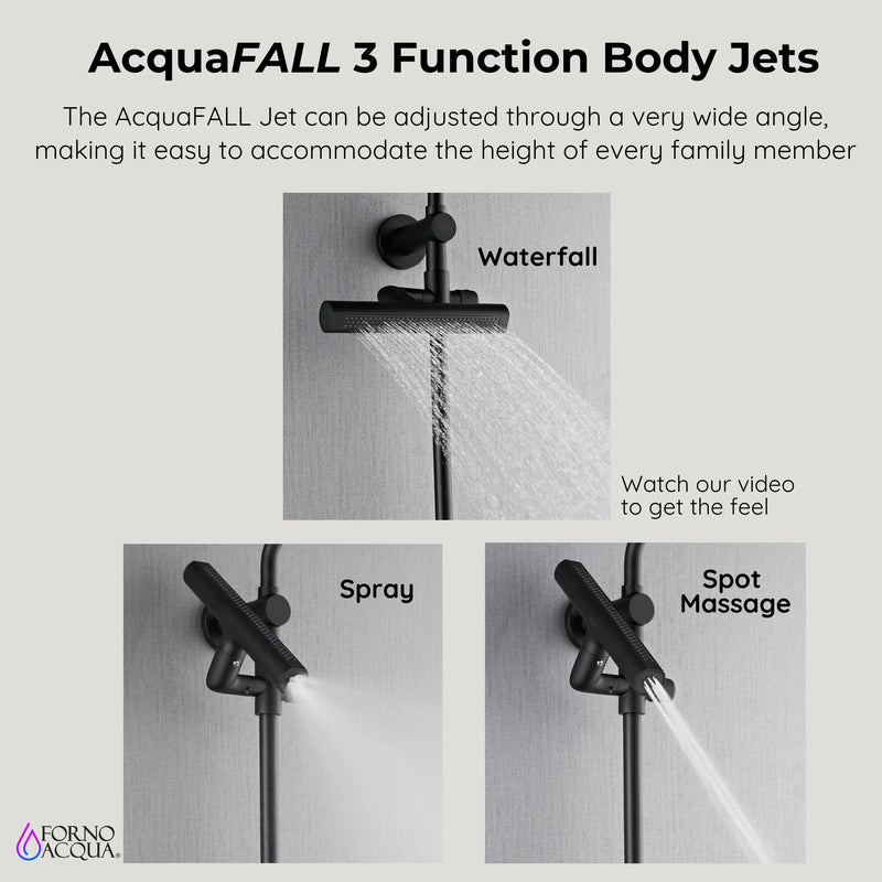 Forno AcquaFALL 8-Inch Overhead Rainfall Shower with 2.5 GPM Flow Rate, Handheld, 7 Way Diverter, Body Jets in Matte Black (SCW2BK-C2)