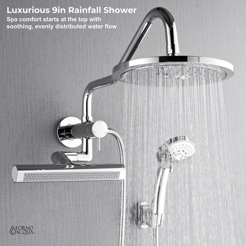 Forno AcquaFALL Mini 9-Inch Overhead Rainfall Shower with 2.5 GPM Flow Rate, Handheld, 7 Way Diverter, Body Jets in Polished Stainless Steel (SMW1CP-C2)