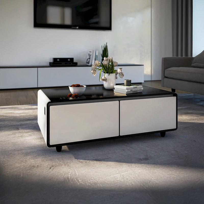 Forno Evoluto Tavolo 51-Inch Smart Coffee Table Refrigerators - Dual Drawers, Bluetooth 5.0 Audio, Wireless Charging & RGB Ambient Light in White (FCTFR7006-51WHT)