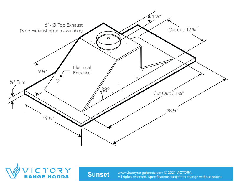 Victory Sunset 38.5-Inch 600 CFM Wireless Flush Ceiling Range Hood in Matte Black (Sunset-B-BK)