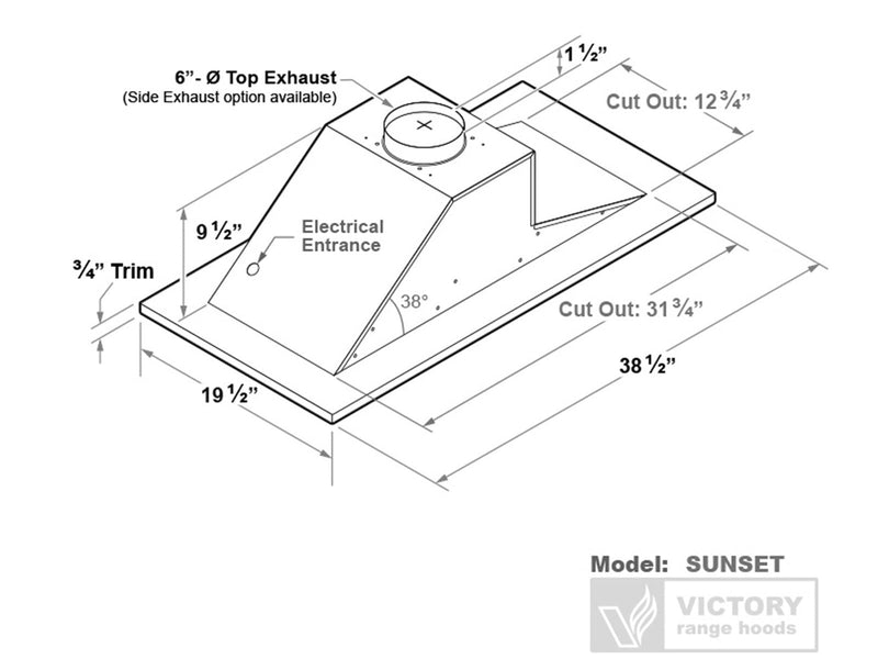 Victory Sunset 38.5-Inch 600 CFM Flush Ceiling Mount Range Hood in Stainless Steel (Sunset)