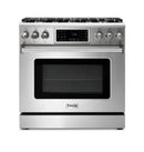 Thor Kitchen 5-Piece Appliance Package - 36-Inch Gas Range with Liquid Propane Kit, Tilt Panel, Refrigerator with Water Dispenser, Wall Mount Hood, Dishwasher, & Microwave Drawer in Stainless Steel