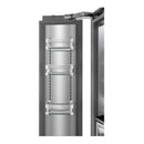 Stainless steel panel-ready freezer column interior with stacked shelves and drawers