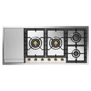 ILVE Nostalgie II 48-Inch Built-In Natural Gas Cooktop with 6 Total Black Brass Burners & Left Griddle in Stainless Steel with Brass Knobs (UHCPT125FNSSG)