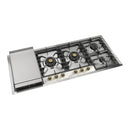 ILVE Nostalgie II 48-Inch Built-In Natural Gas Cooktop with 6 Total Black Brass Burners & Left Griddle in Stainless Steel with Brass Knobs (UHCPT125FNSSG)