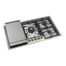 ILVE Nostalgie II 36-Inch Built-In Propane Gas Cooktop with 5 Total Black Brass Burners & Griddle in Stainless Steel with Brass Knob (UHCPT95FNSSGLP)