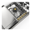ILVE Nostalgie II 36-Inch Built-In Propane Gas Cooktop with 5 Total Black Brass Burners & Griddle in Stainless Steel with Brass Knob (UHCPT95FNSSGLP)