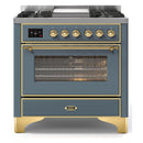 ILVE 36-Inch Majestic II Dual Fuel Range with 6 Brass Burners and Removable Griddle - 3.5 cu. ft. Oven - TFT Oven Control Display - in Blue Grey with Brass Trim (UM09FDNS3BGG)