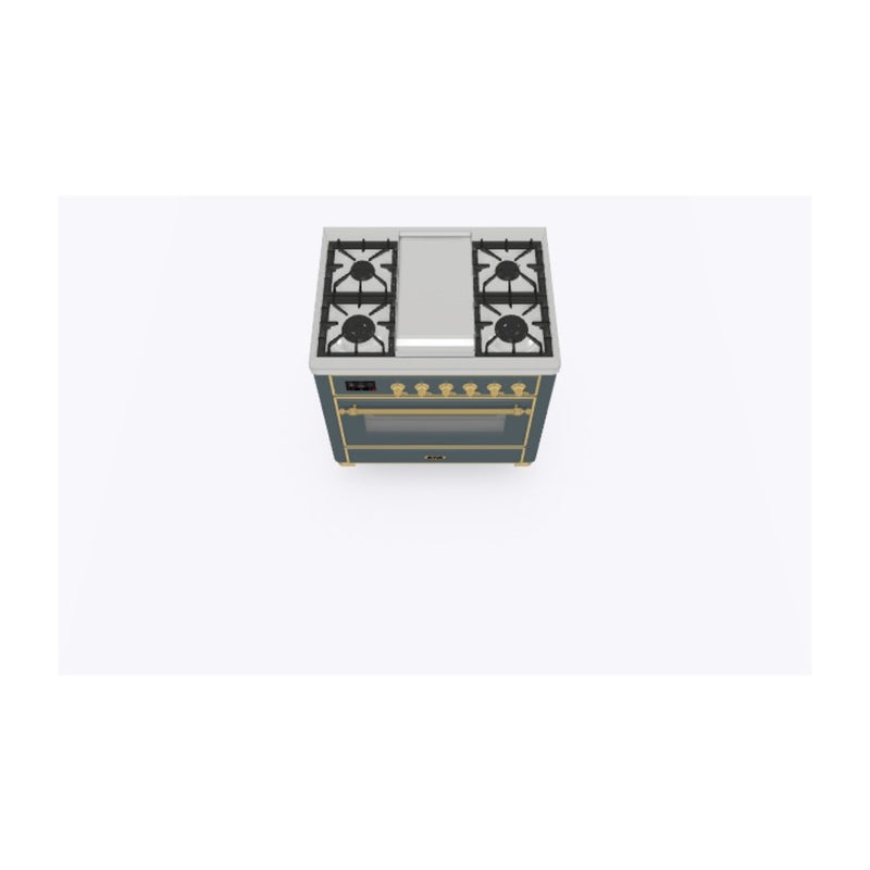 ILVE 36-Inch Majestic II Dual Fuel Range with 6 Burners and Removable Griddle with 3.5 cu. ft. Oven in Blue Grey with Brass Trim (UM09FDNS3BGG)