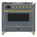 ILVE 36-Inch Majestic II Dual Fuel Range with 6 Brass Burners and Removable Griddle - 3.5 cu. ft. Oven - TFT Oven Control Display - in Blue Grey with Brass Trim (UM09FDNS3BGG)