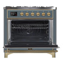 ILVE 36-Inch Majestic II Dual Fuel Range with 6 Brass Burners and Removable Griddle - 3.5 cu. ft. Oven - TFT Oven Control Display - in Blue Grey with Brass Trim (UM09FDNS3BGG)