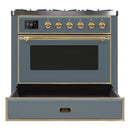 ILVE 36-Inch Majestic II Dual Fuel Range with 6 Brass Burners and Removable Griddle - 3.5 cu. ft. Oven - TFT Oven Control Display - in Blue Grey with Brass Trim (UM09FDNS3BGG)