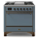 ILVE 36-Inch Majestic II Series Freestanding Dual Fuel Single Solid Door Oven Range with 6 Sealed Burners and Removable Griddle in Blue Grey with Bronze Trim (UM09FDQNS3BGB)