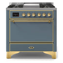ILVE 36-Inch Majestic II Series Freestanding Dual Fuel Single Solid Door Oven Range with 6 Sealed Burners and Removable Griddle in Blue Grey with Brass Trim (UM09FDQNS3BGG)