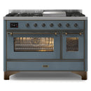 ILVE 48-Inch Majestic II Dual Fuel Range with 8 Sealed Brass Burners and Removable Griddle with 5.62 cu. ft. Oven in Blue Grey with Bronze Trim (UM12FDNS3BGB)