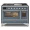 ILVE 48-Inch Majestic II Dual Fuel Range with 8 Sealed Brass Burners and Removable Griddle with 5.62 cu. ft. Oven in in Blue Grey with Chrome Trim (UM12FDNS3BGC)